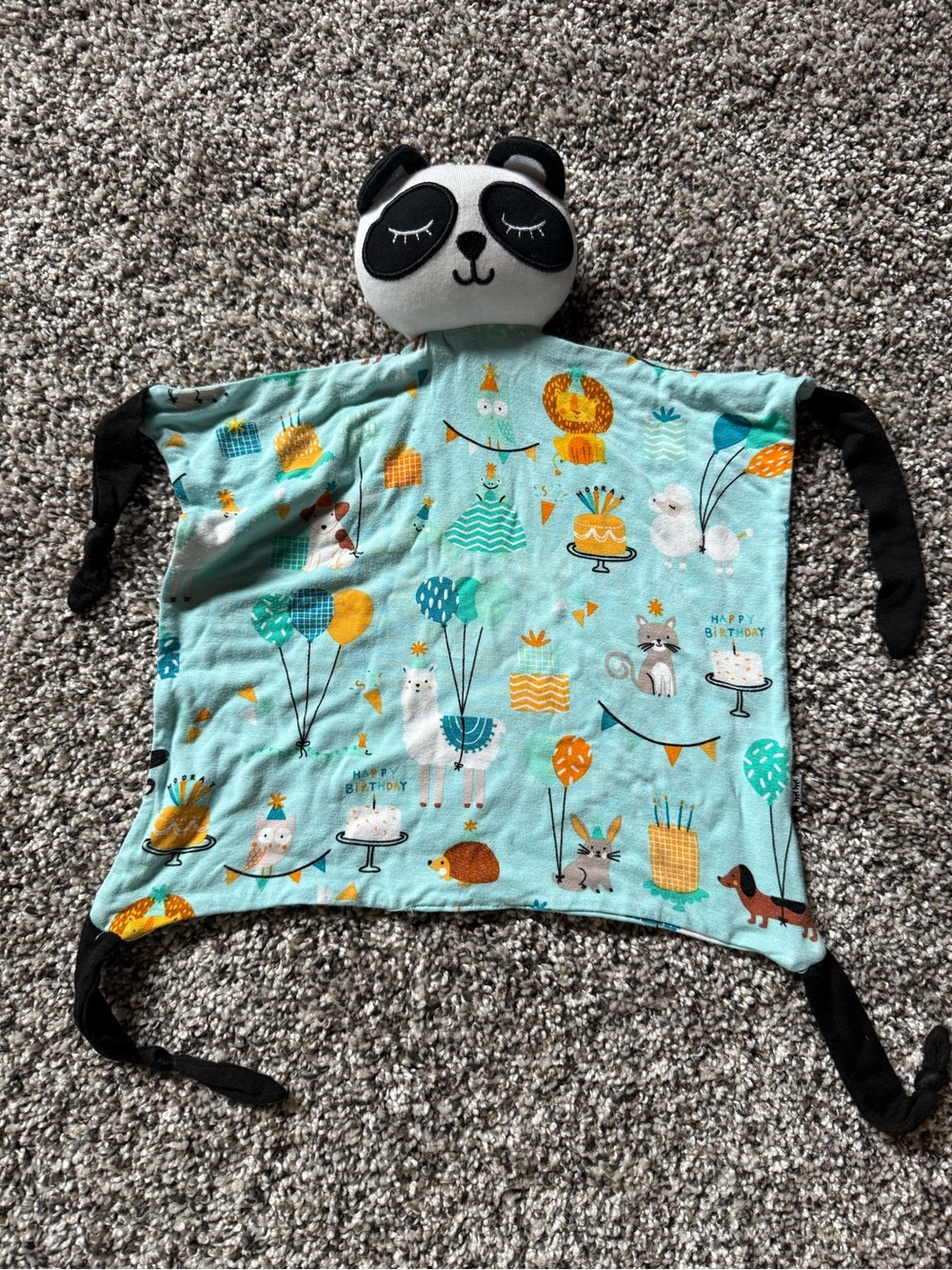 Little Sleepies Birthday (2023) Aqua Panda Lovey with Animal & Balloon Print